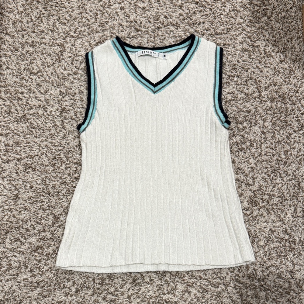 Vintage Rampage White Ribbed V-Neck Tank Top with Black and Blue Trim